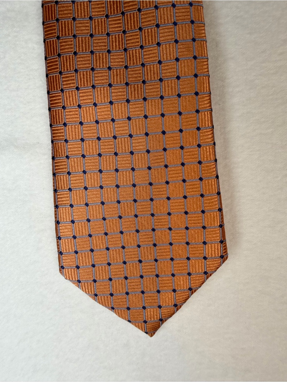 Jos A Bank Executive Silk Tie Burnt Orange Blue Geometric Grid 3.25" 60"